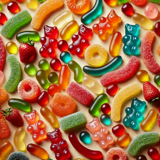 Assorted colorful gummy candies including bears and rings, similar to creatine gummies for fitness enthusiasts.