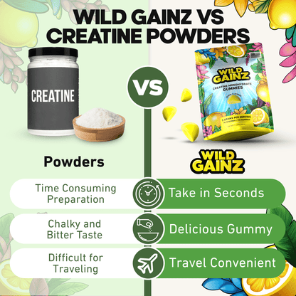 Comparison of Wild Gainz Creatine Gummies vs Powder, highlighting convenience, taste, and travel ease.