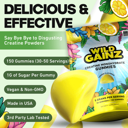 Wild Gainz Creatine Monohydrate Gummies, 5 Grams per Serving, Lemon Flavor, Vegan, Non-GMO, Made in USA, 150 Count, Lab Tested