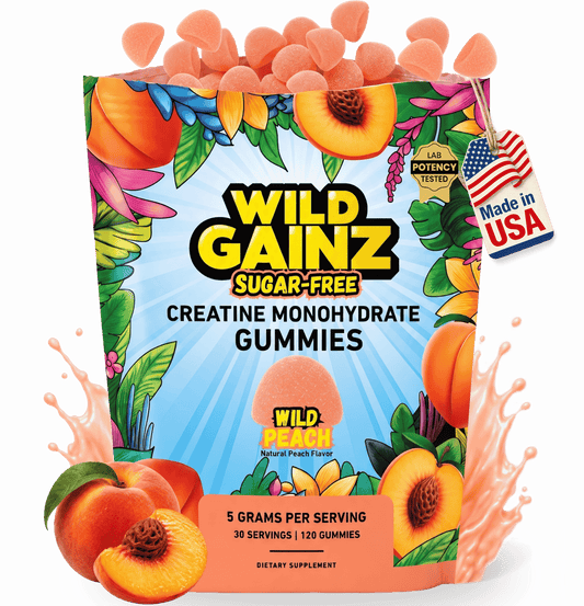 Wild Gainz Sugar-Free Creatine Monohydrate Gummies in a colorful bag with peach illustrations, surrounded by peach slices and gummy drops on a white background.
