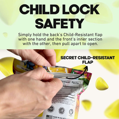 "Hands opening creatine gummies bag with child lock safety instructions displayed"